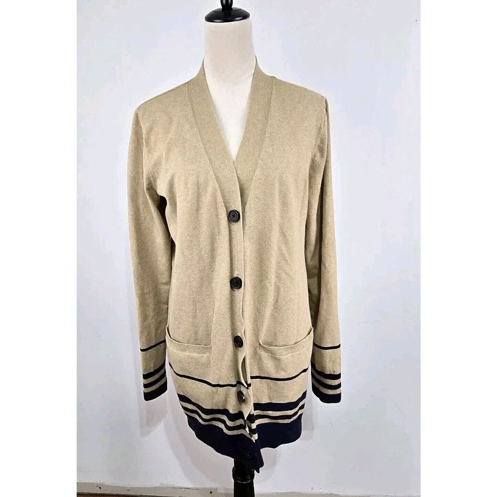 Duluth Trading Co Long Cardigan Sweater Women Lg Tan Navy Striped Knit Pockets